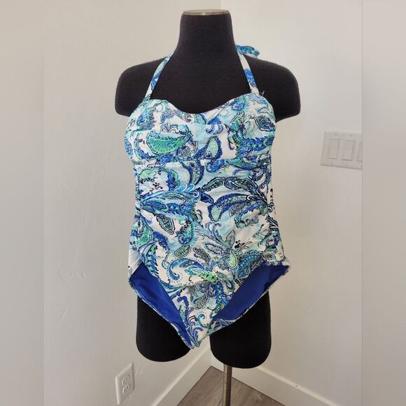 NEW Lauren Ralph Lauren Swimsuit One Piece Paisley Blue Halter Ruched Size 6 - Picture 6 of 7